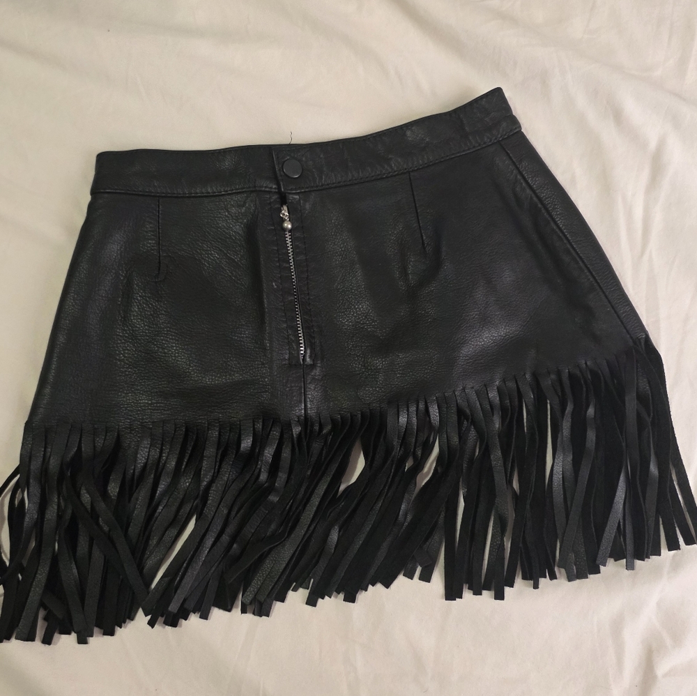 Genuine Black Leather Fringe Skirt